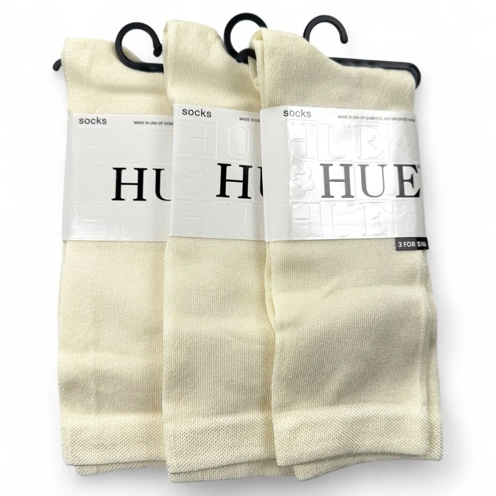 Hue Womens Ivory Cream Luster Flat Knit‎ Socks OSFM Dress Socks 3 Pairs